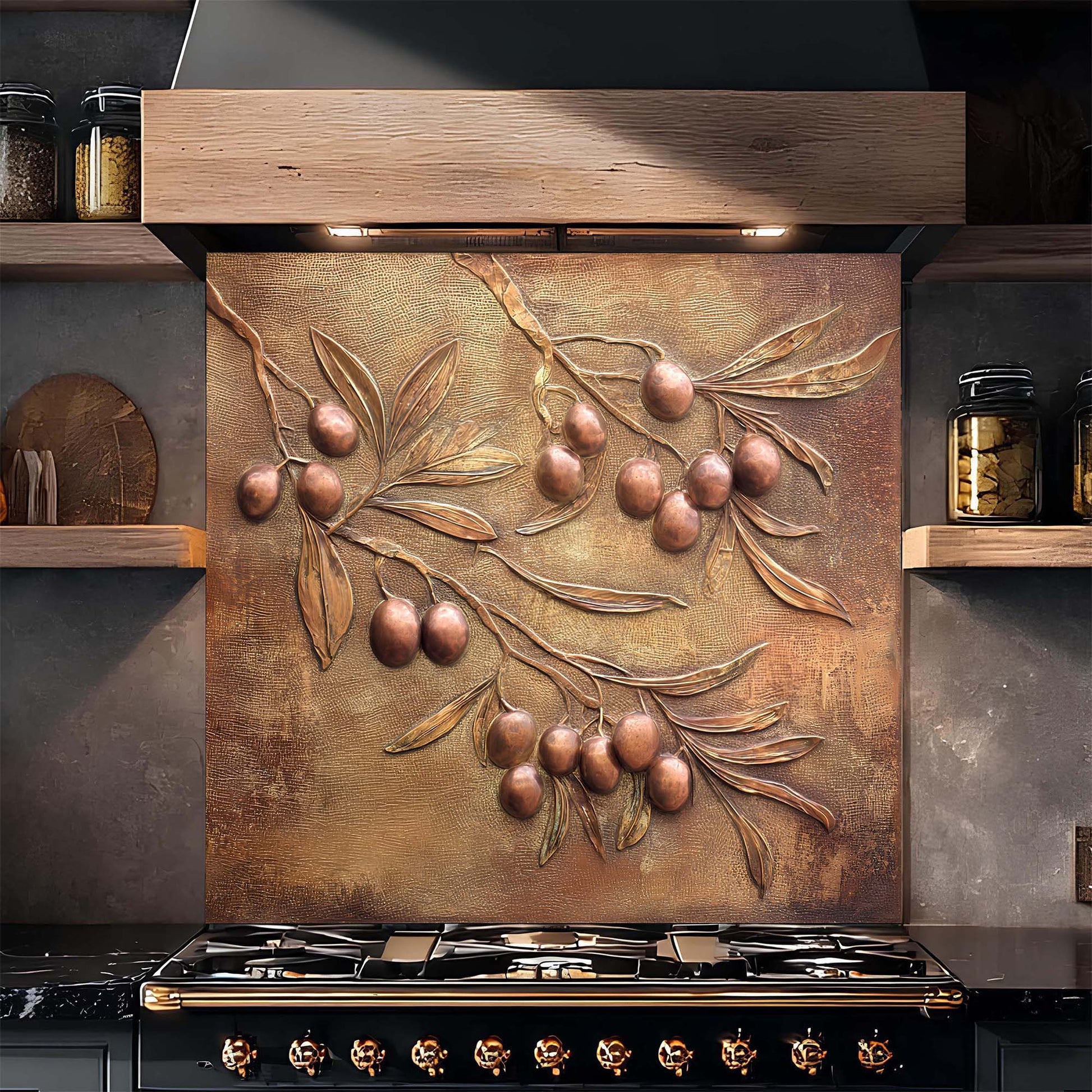 Decorative backsplash with olive branch design above a stove in a kitchen.