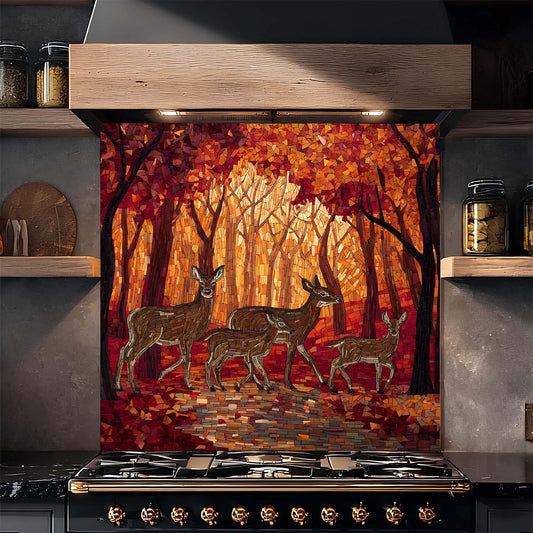 Decorative glass splashback with deer design above a stove in a kitchen.