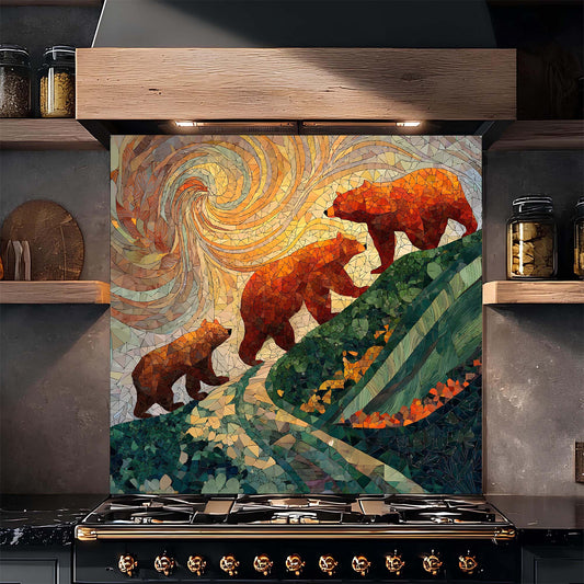 A symbolic bear family climbing toward a swirling sky, printed on a tempered glass backsplash that adds warmth, movement, and meaning to kitchens.