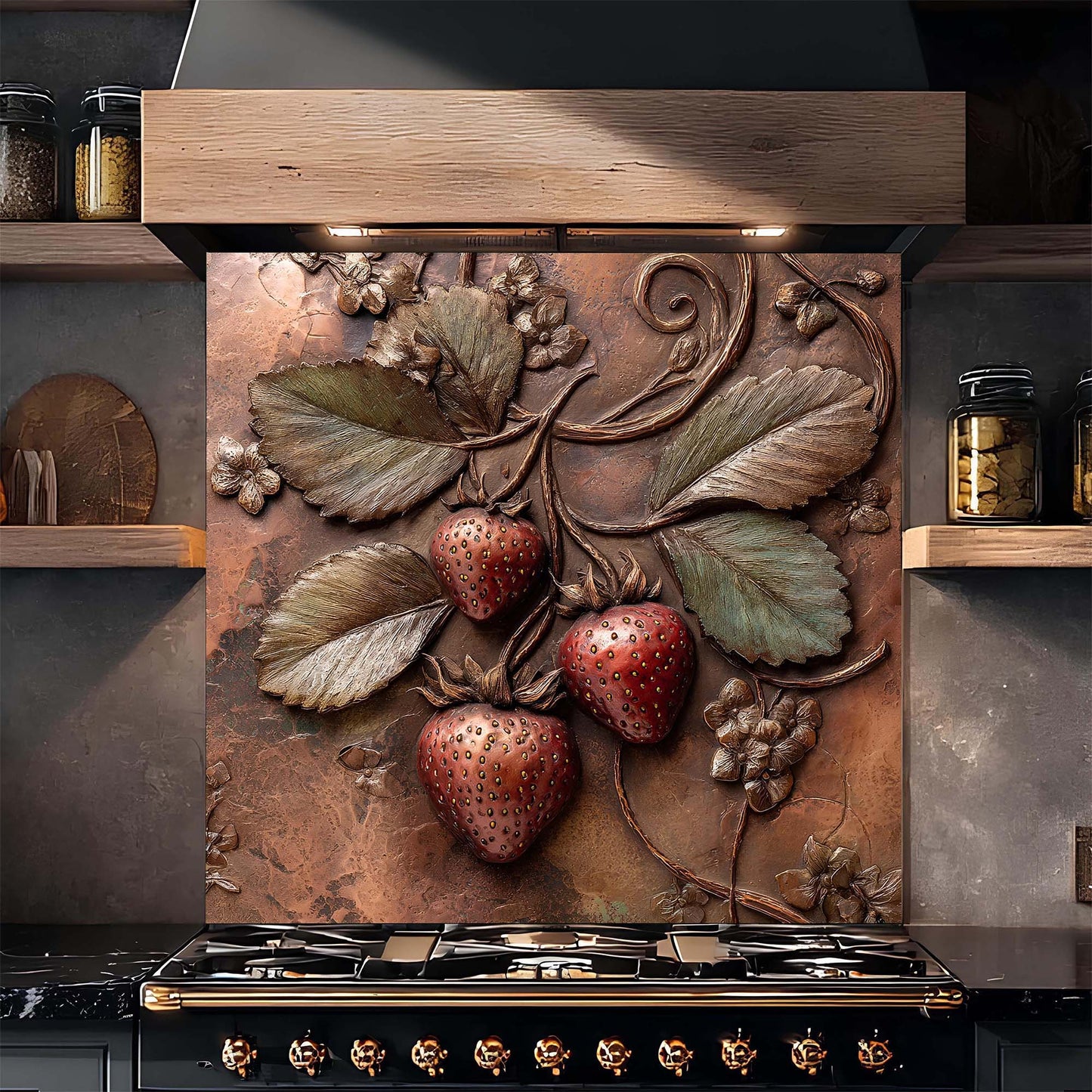Decorative copper look glass splashback with strawberry design above a stove