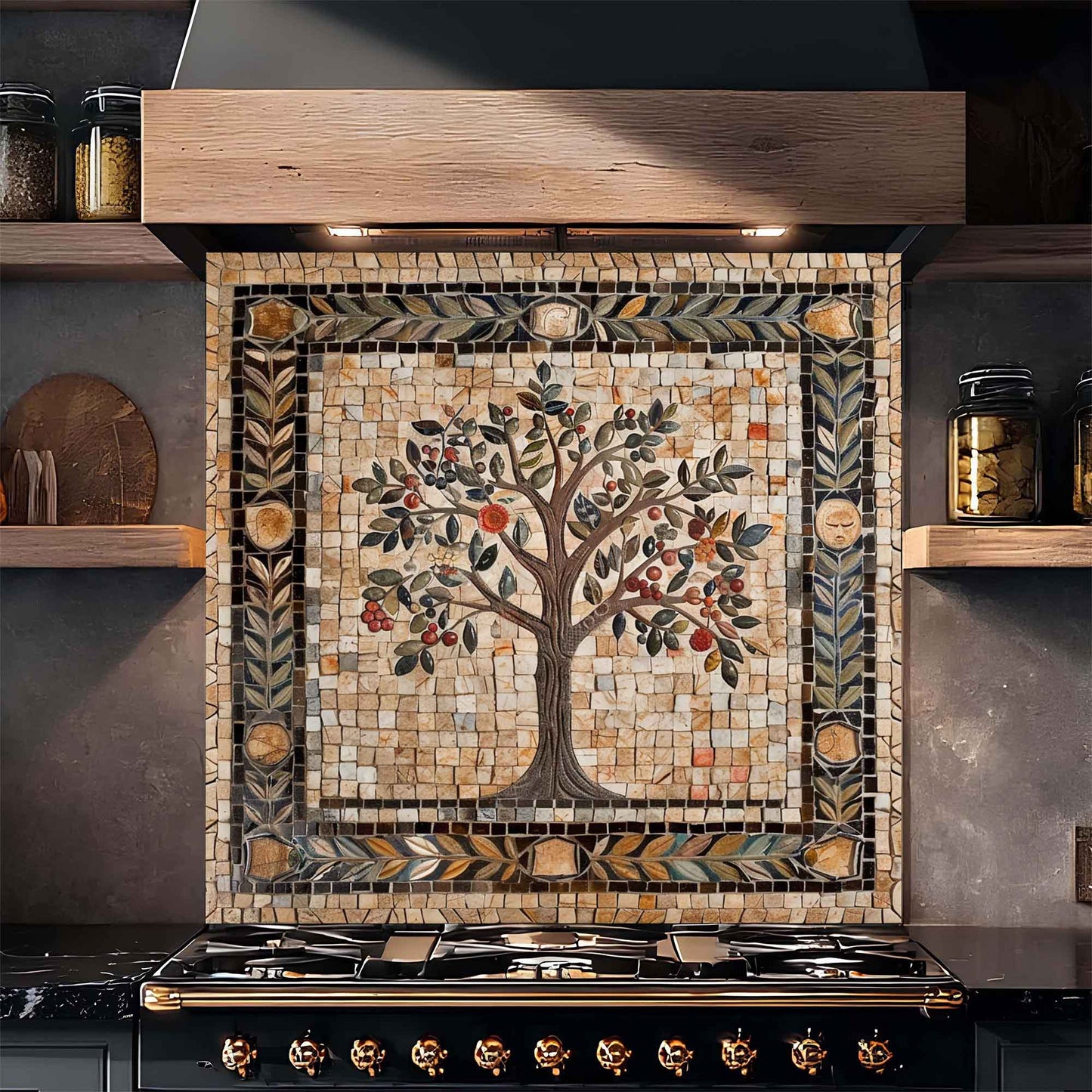 Decorative mosaic tile backsplash with a tree design above a stove.