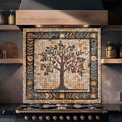 Decorative mosaic tile backsplash with a tree design above a stove.