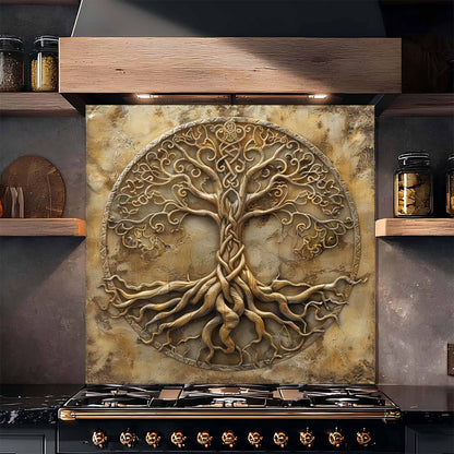 Decorative backsplash with a tree design above a stove in a kitchen setting.