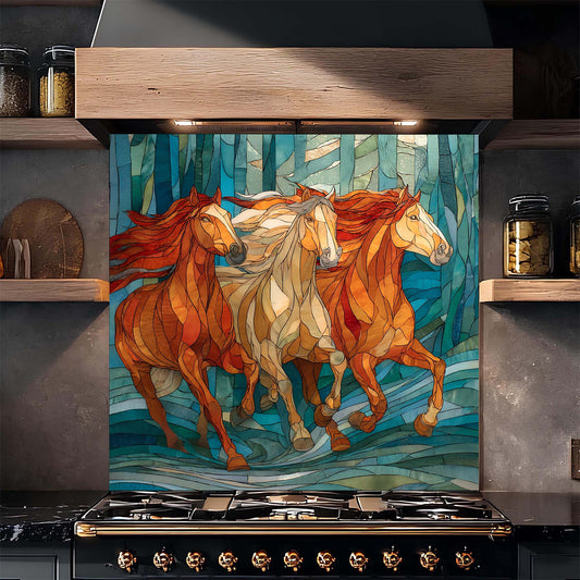Three galloping horses in a stained glass forest design on tempered glass backsplash, adding motion, warmth, and artistic depth to kitchens.