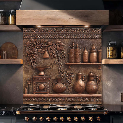 Decorative glass backsplash with copper pots and shelves in a kitchen setting