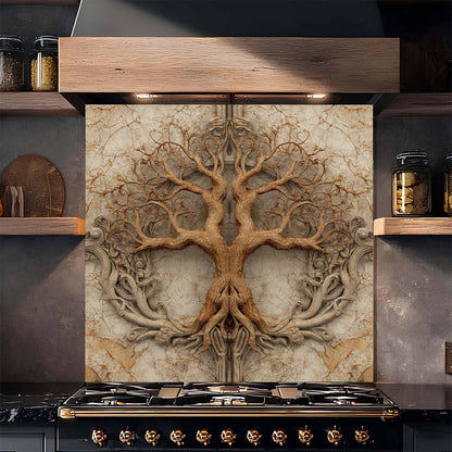 Decorative backsplash with tree design in a kitchen setting