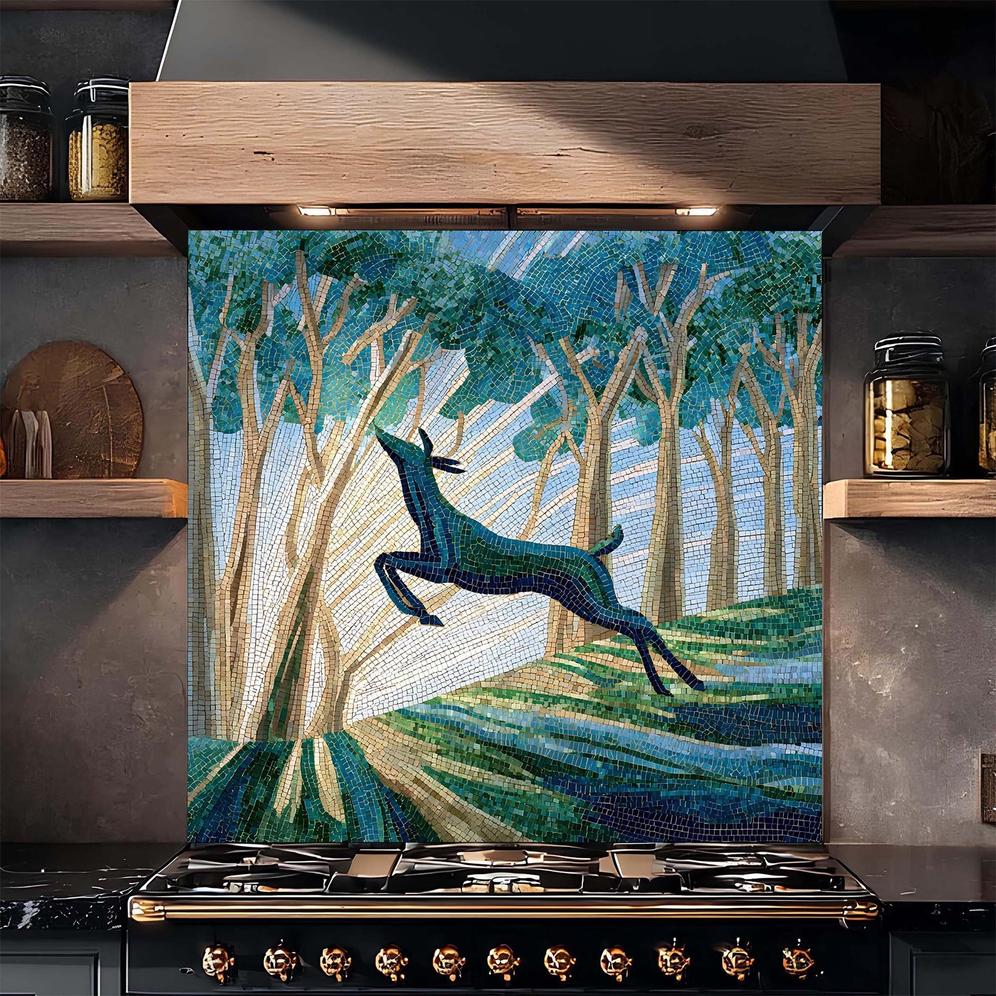 Decorative backsplash with a deer in a forest design above a stove.