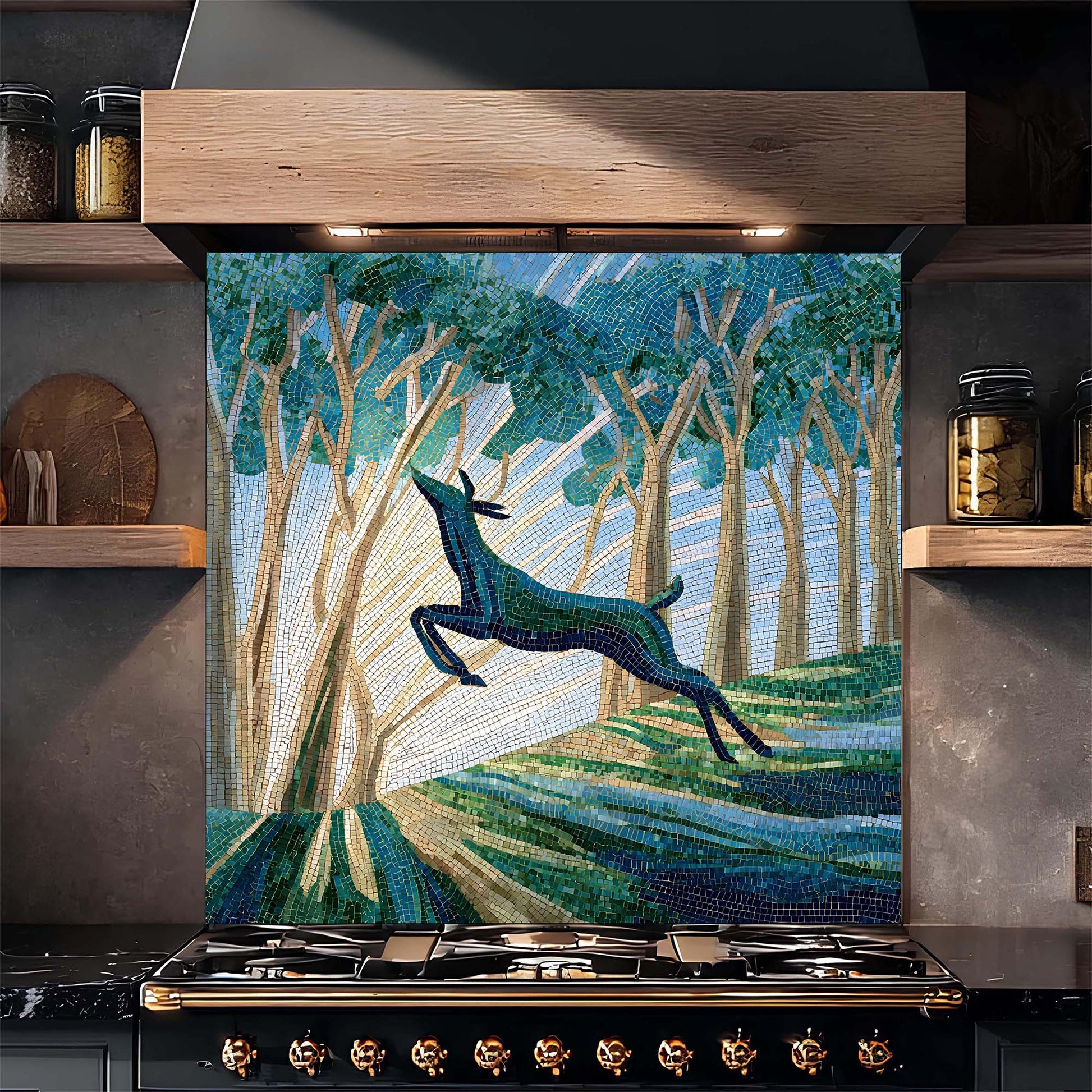 Decorative backsplash with a deer in a forest design above a stove.