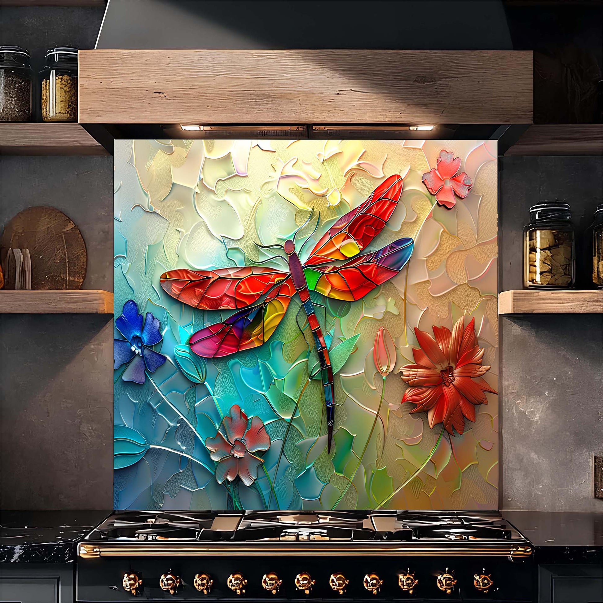 Colorful dragonfly and floral design on a kitchen backsplash