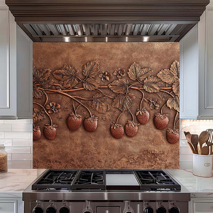 Decorative copper look glass backsplash with leaf and fruit design above a stove in a kitchen.