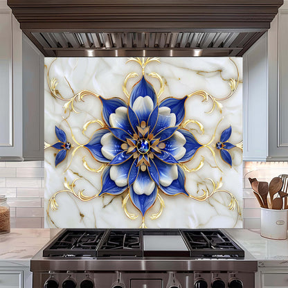 Decorative backsplash with floral design over a stove in a kitchen.
