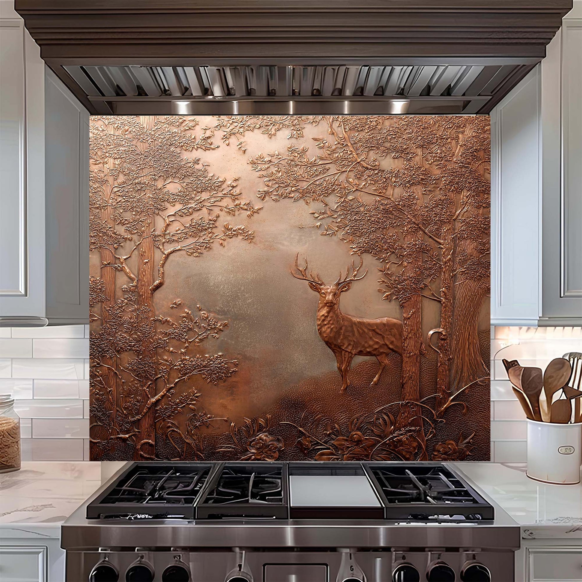 Decorative copper look glass backsplash with deer design above a stove in a kitchen.