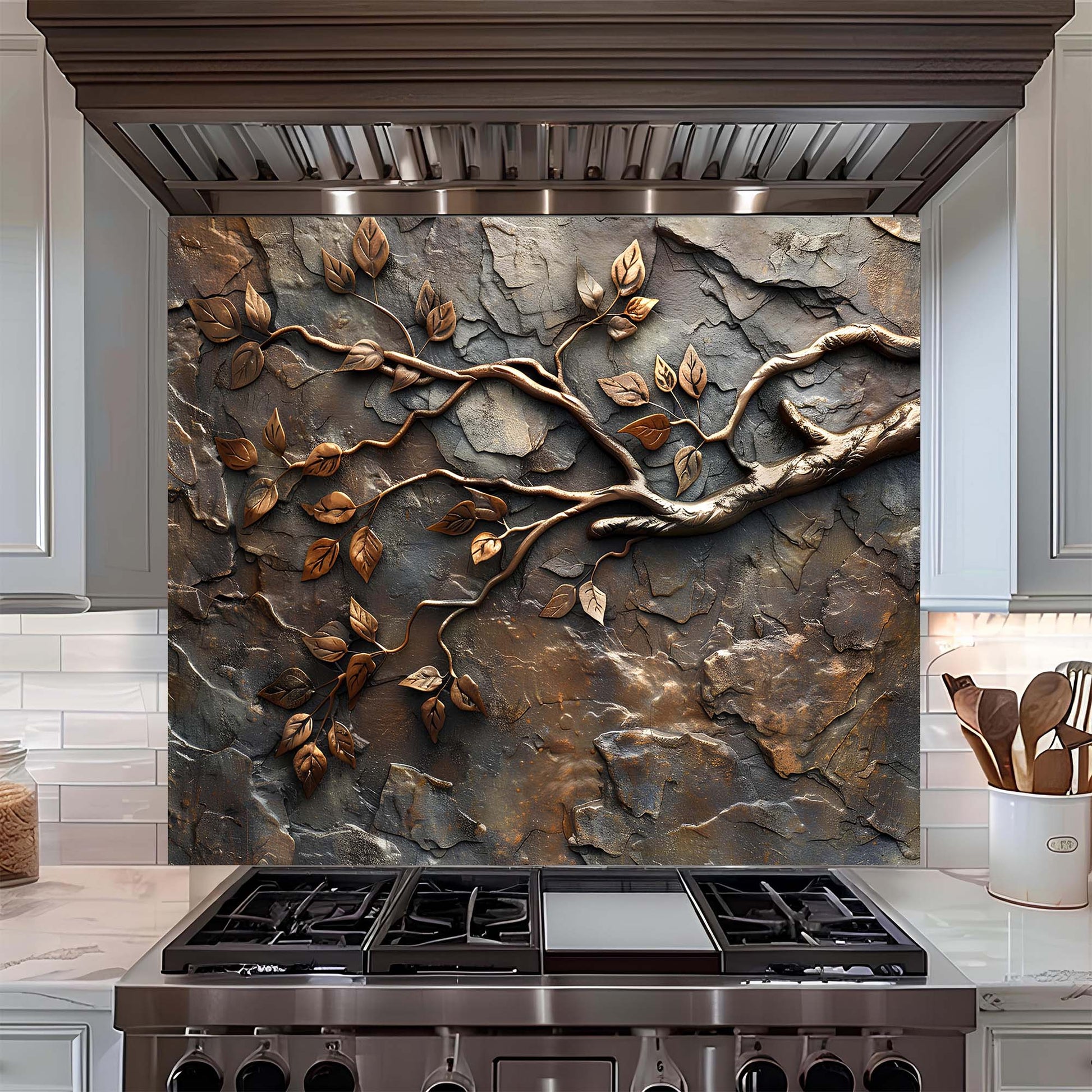 Decorative backsplash with leaf design above a stove in a kitchen.