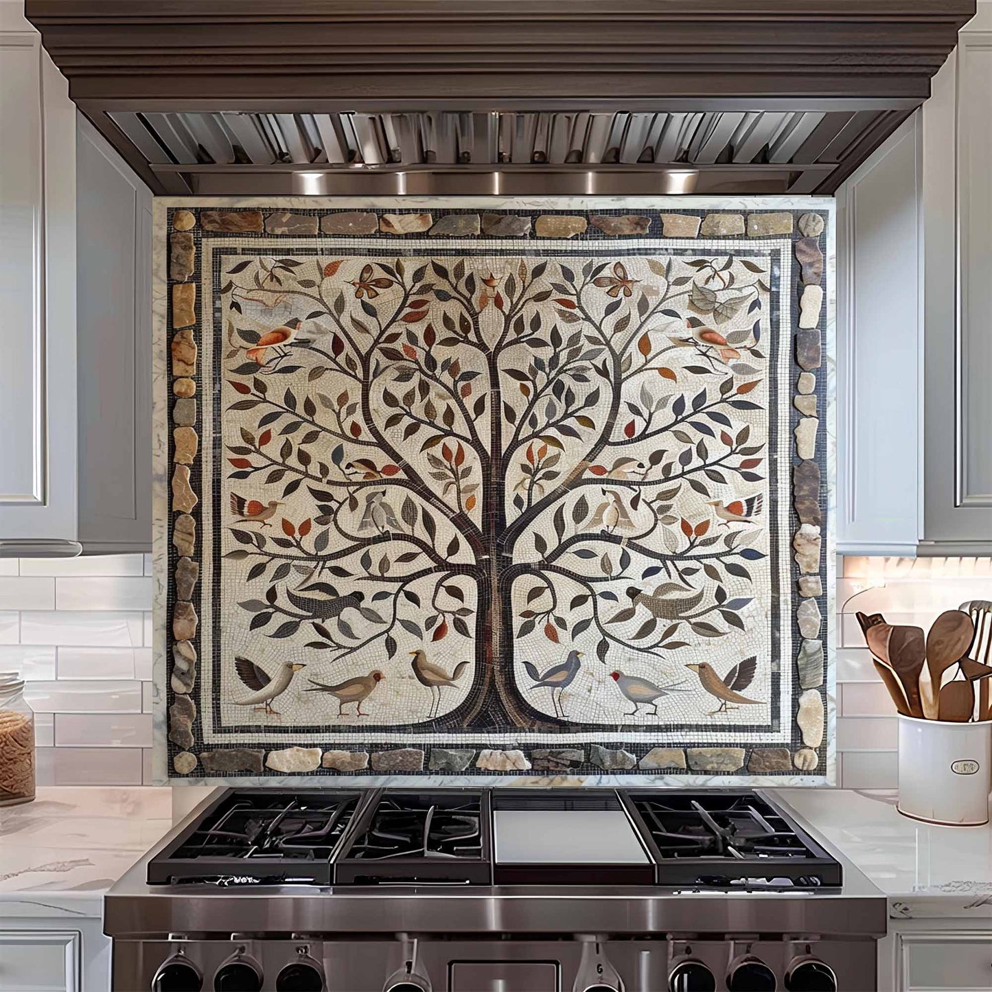Kitchen stove with decorative backsplash featuring a tree and birds.
