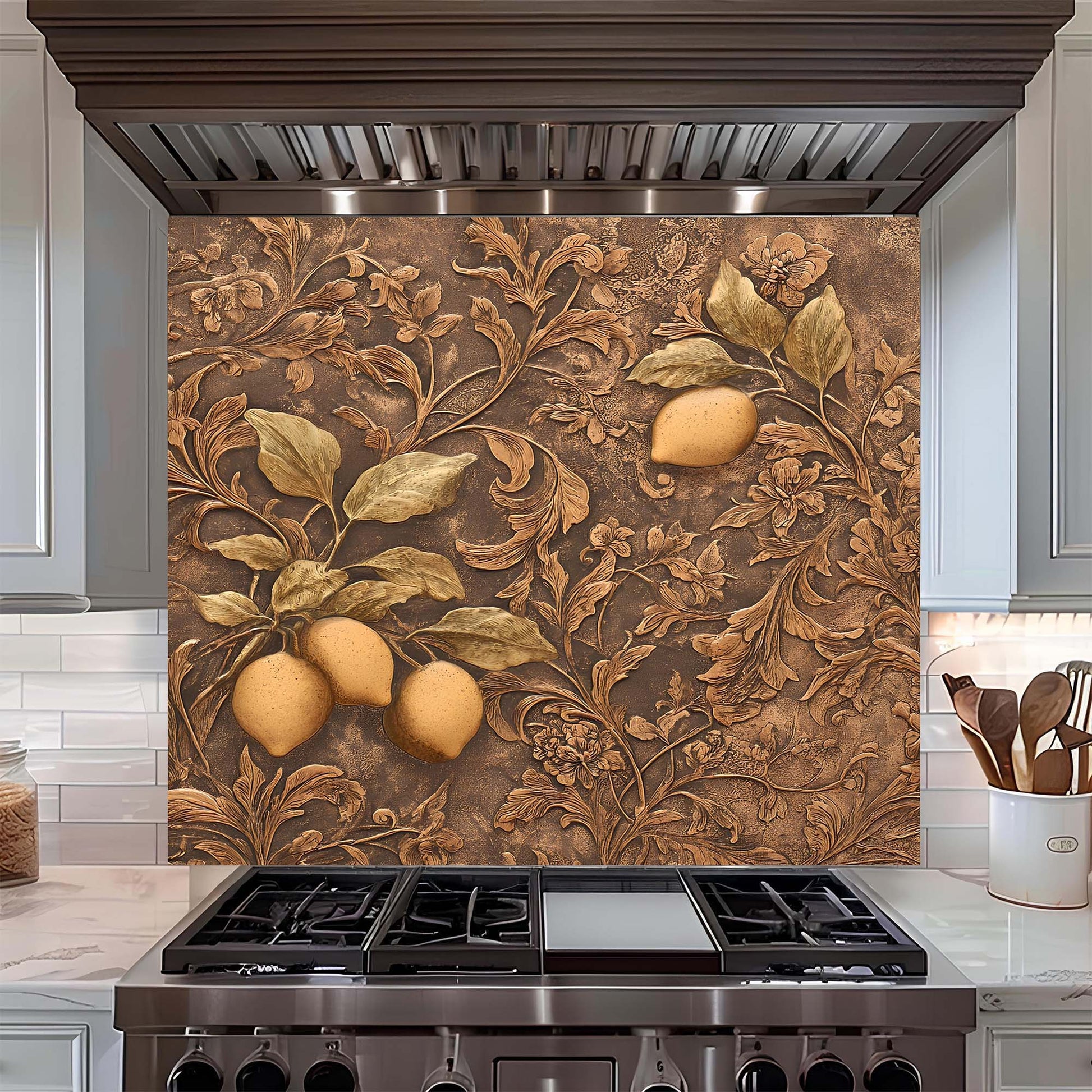 Decorative backsplash with lemons and leaves above a stove in a kitchen.