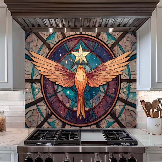 Kitchen stove with a decorative phoenix splashback above it