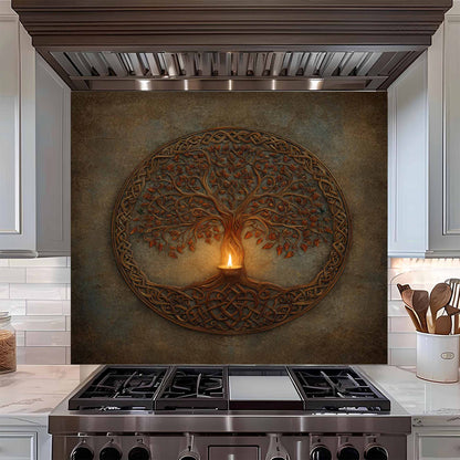 Decorative backsplash with a tree design above a stove in a kitchen.