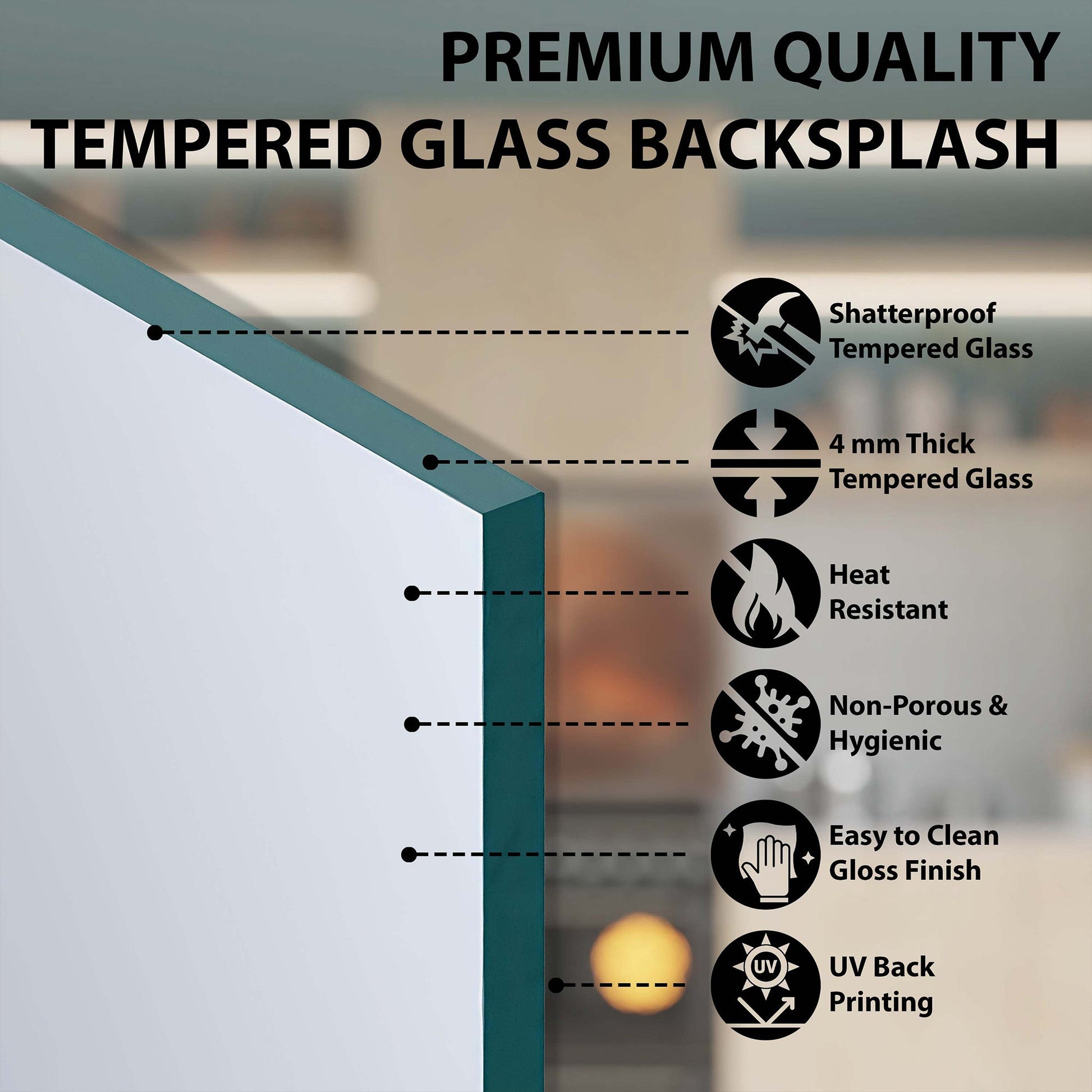 Advertisement for premium quality tempered glass backsplash with features listed.