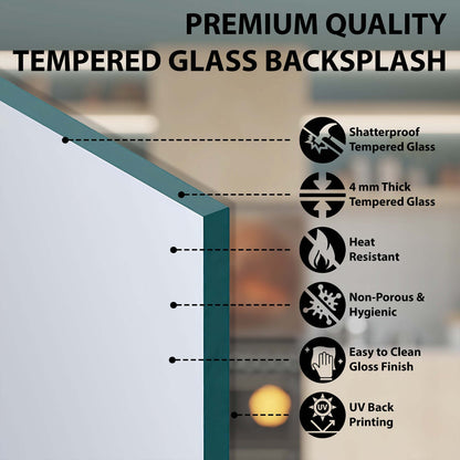 Advertisement for premium quality tempered glass backsplash with features listed.