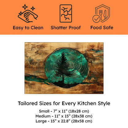 Tempered glass cutting board with tree design, features listed above, and size options below.
