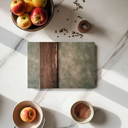Bowl of apples and a small container of seeds on a marble surface with a cutting board in the center.