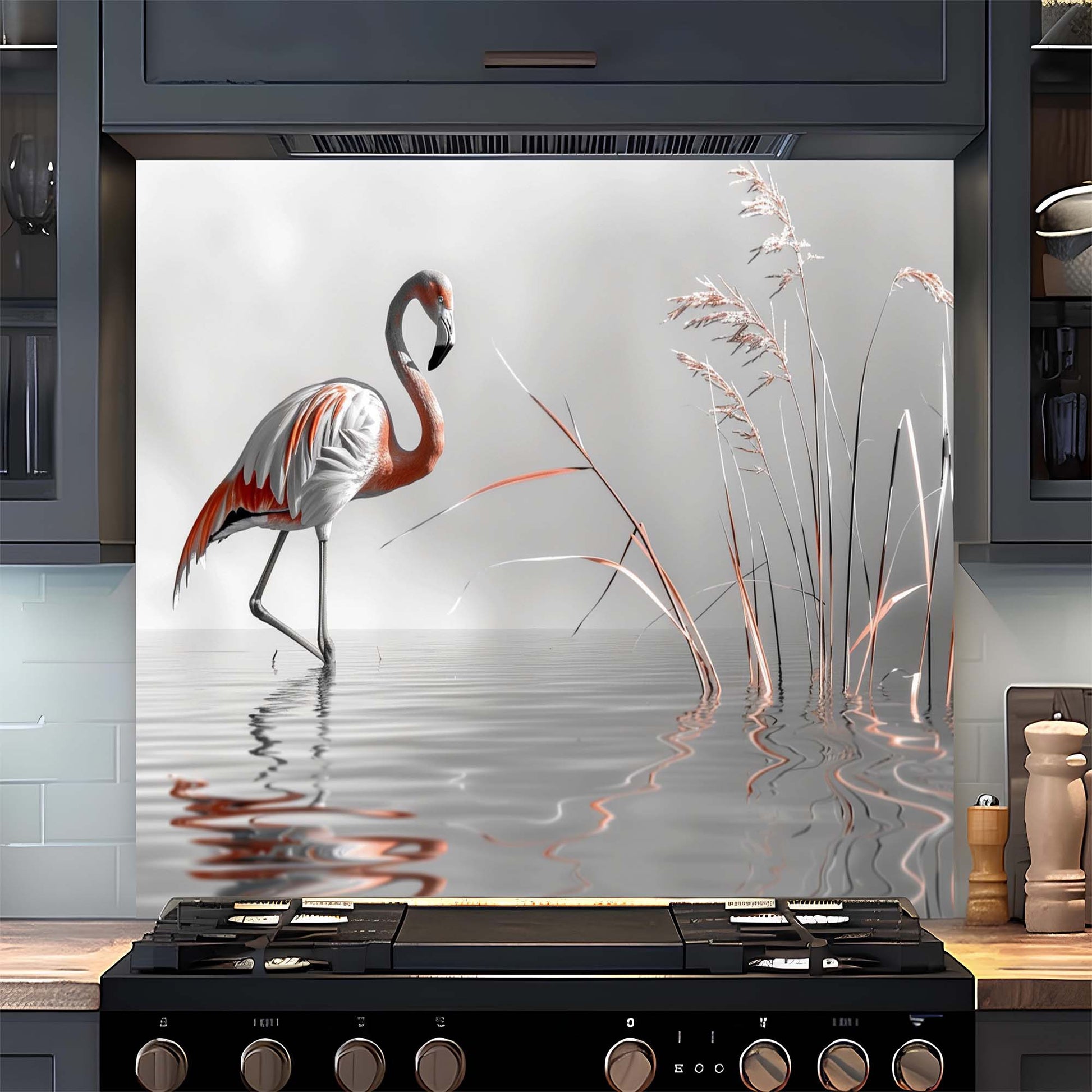 Decorative glass backsplash with a flamingo design in a kitchen setting