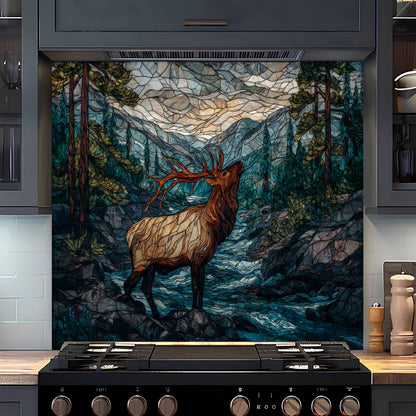 Decorative splashback  of a stag in a forest scene above a stove in a kitchen.