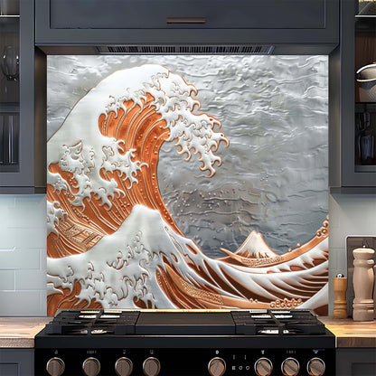 Decorative backsplash with wave design above a stove in a kitchen