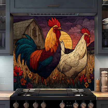 Decorative backsplash with rooster and hen design in a kitchen setting