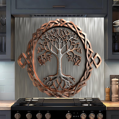 Decorative backsplash with tree design above a kitchen stove