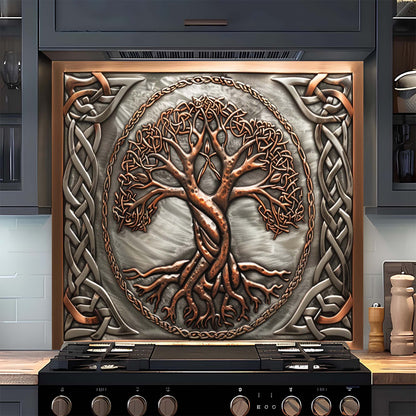 Decorative glass backsplash with tree design above a kitchen stove