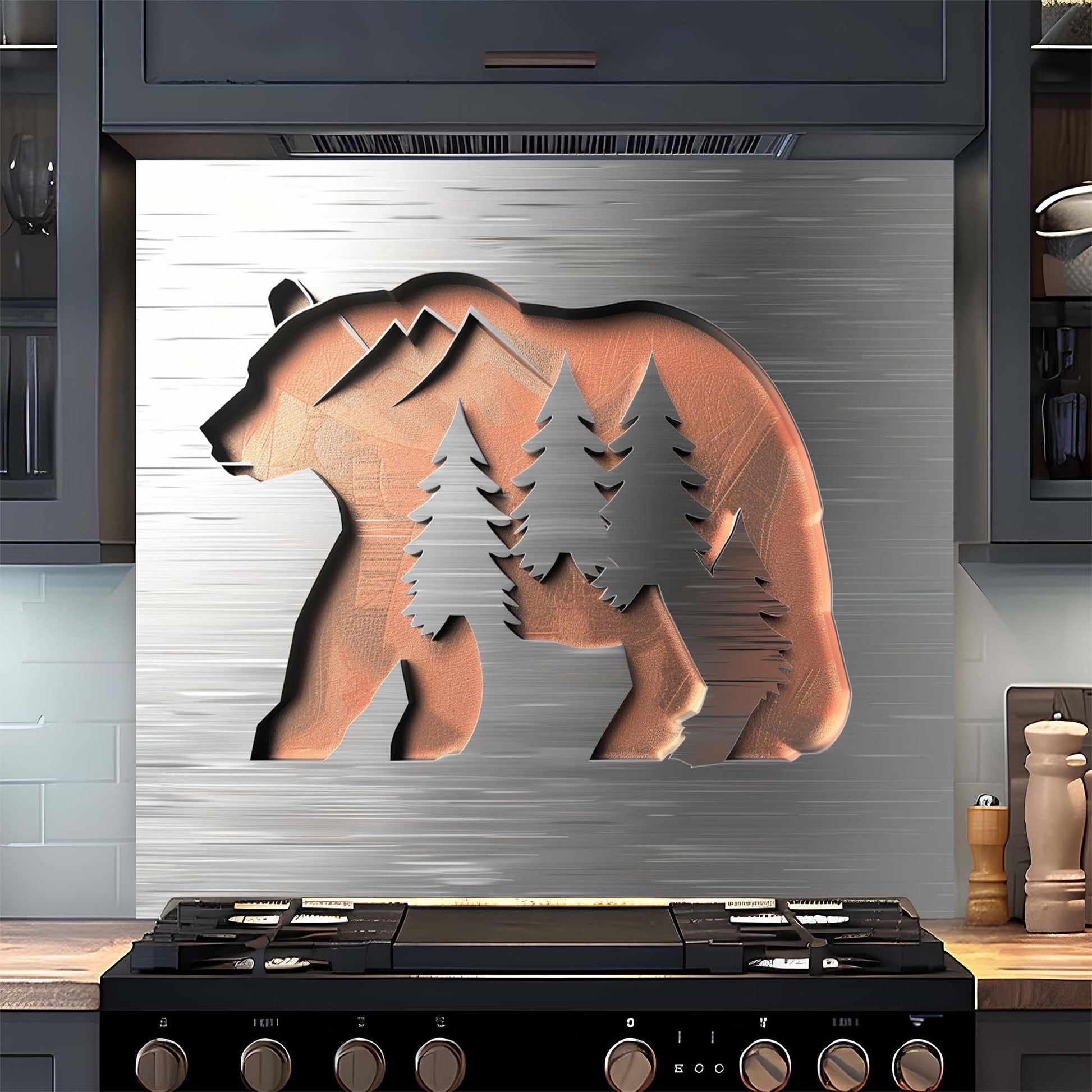 Decorative backsplash with bear and trees design on a kitchen wall.