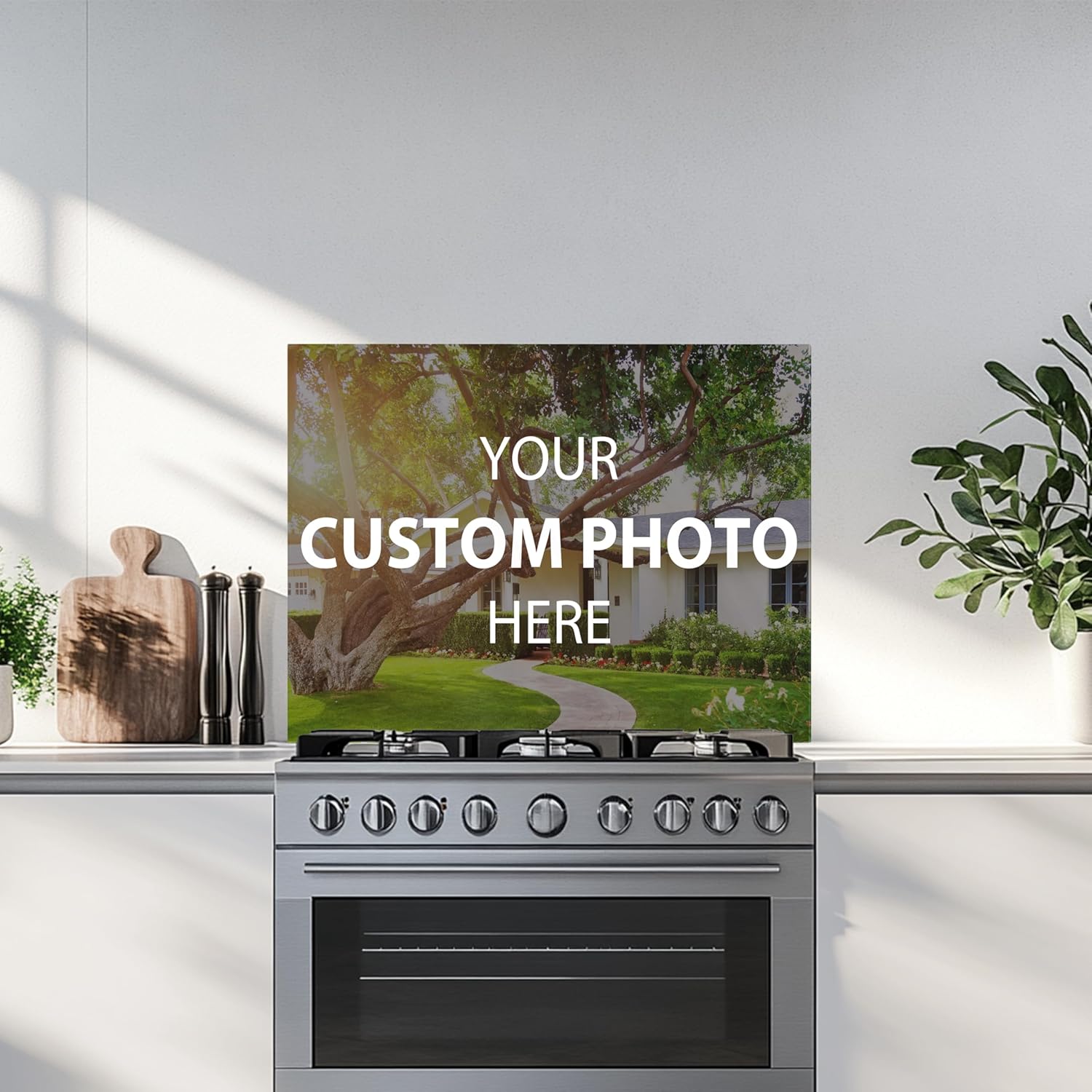 Gray stove with a custom photo overlay in a kitchen setting