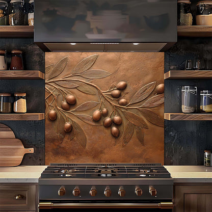 Kitchen with decorative copper look glass backsplash featuring leaves and olives, stove, and wooden shelves.