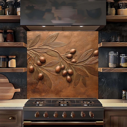 Kitchen with decorative copper look glass backsplash featuring leaves and olives, stove, and wooden shelves.