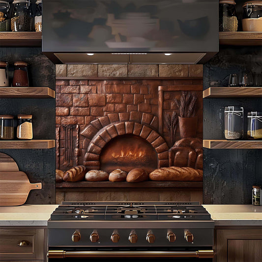 Kitchen with a decorative glass backsplash featuring bread and a fireplace, above a stove.