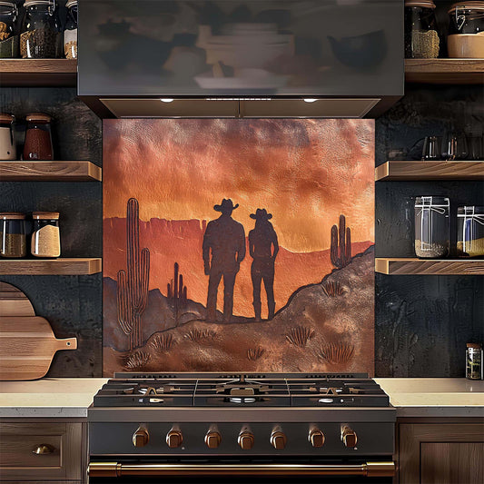 Kitchen stove with a decorative glass backsplash featuring two cowboys and cacti against an orange sky.