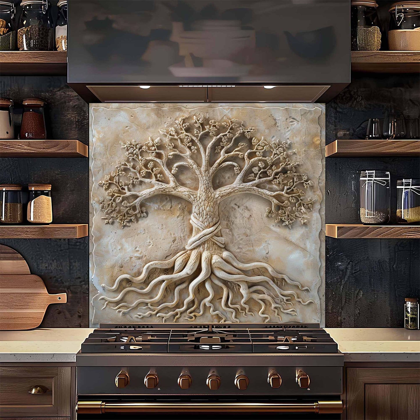 Decorative glass backsplash with tree design above a stove in a kitchen setting.