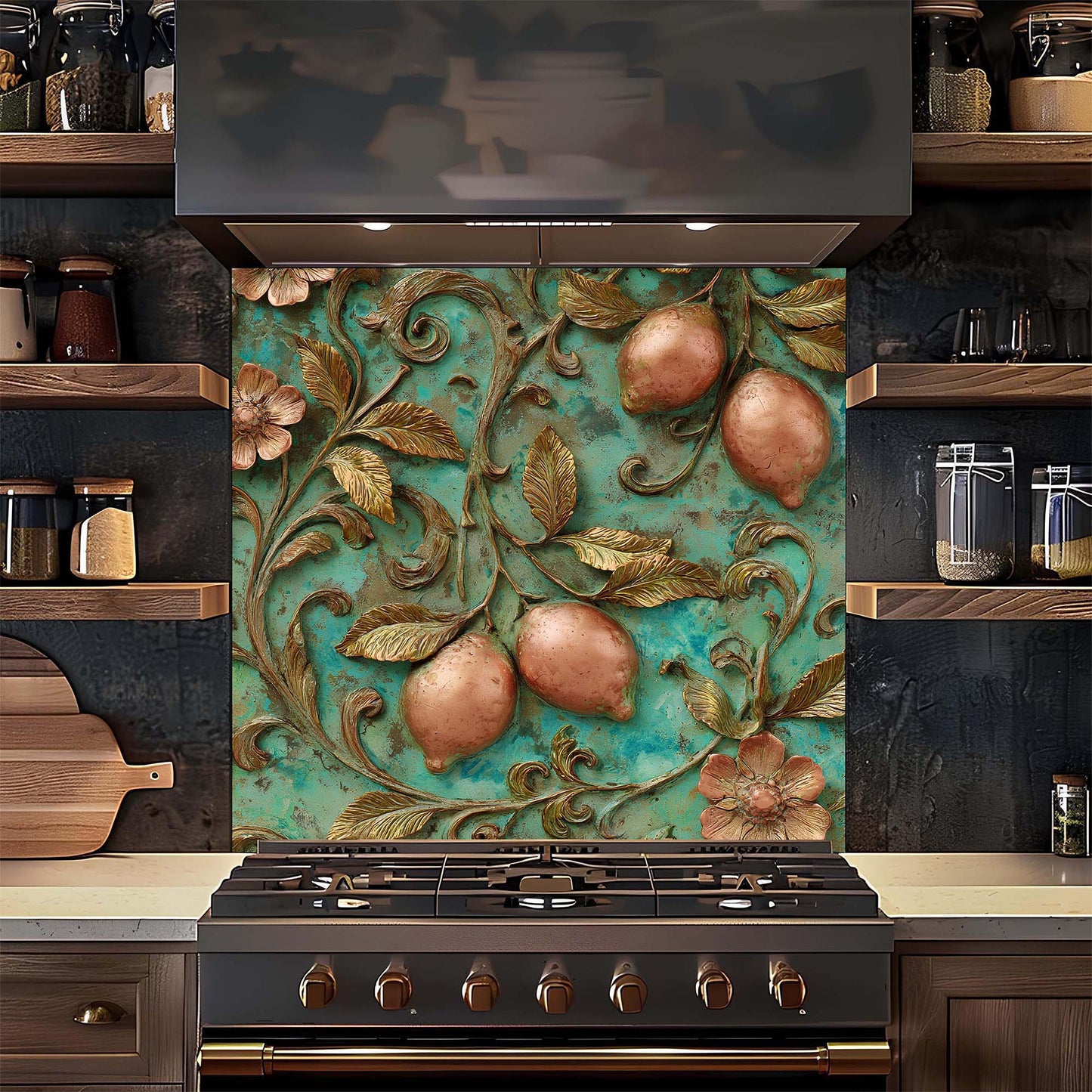 Decorative backsplash with floral and fruit design above a stove in a kitchen.
