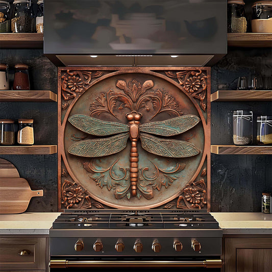 Decorative glass backsplash with dragonfly design above a stove in a kitchen.