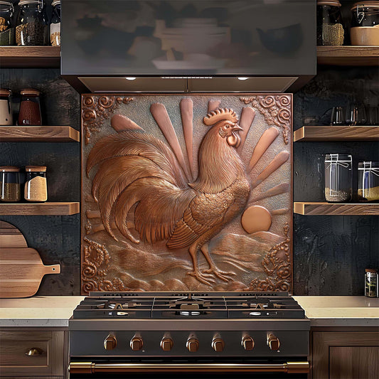 Decorative glass backsplash with a rooster design above a stove in a kitchen.