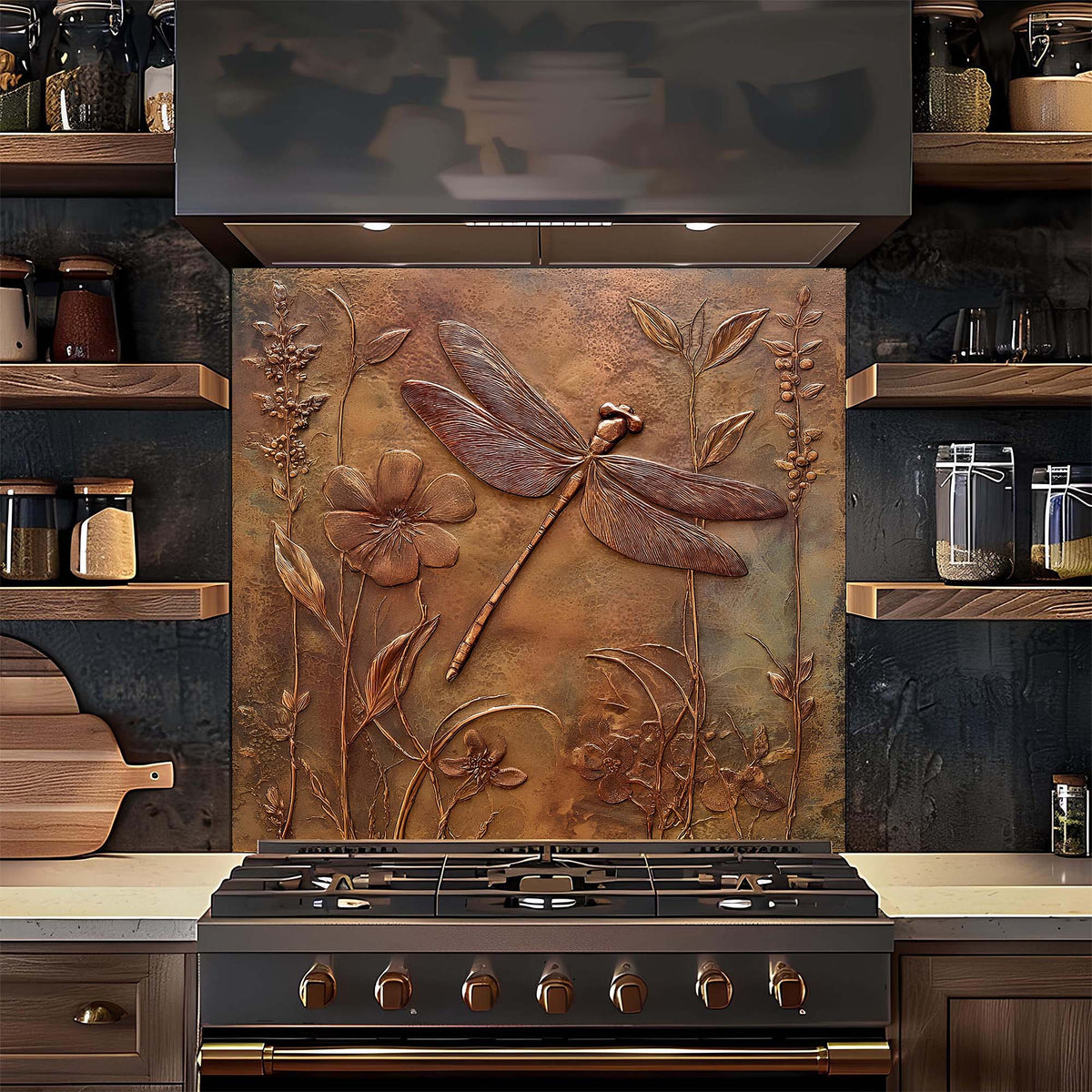 Decorative glass backsplash with floral and dragonfly design above a stove in a kitchen.