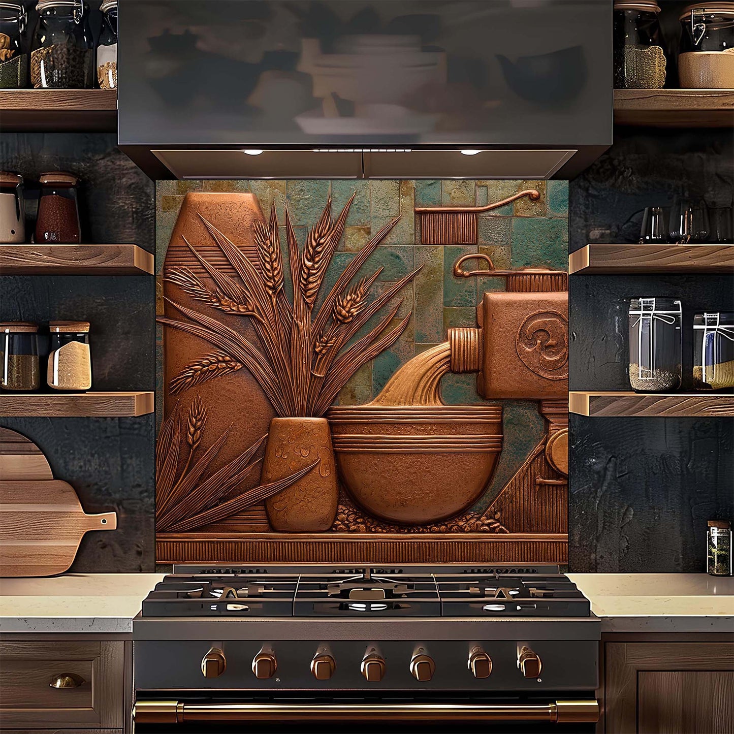 Decorative backsplash with artistic design in a kitchen setting