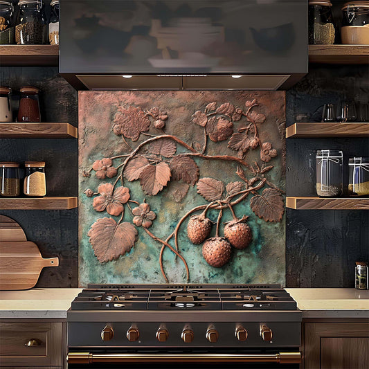 Decorative backsplash with floral design above a stove in a kitchen.