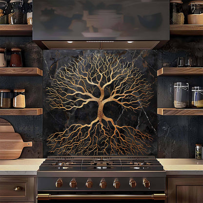 Kitchen stove with decorative tree design on the backsplash
