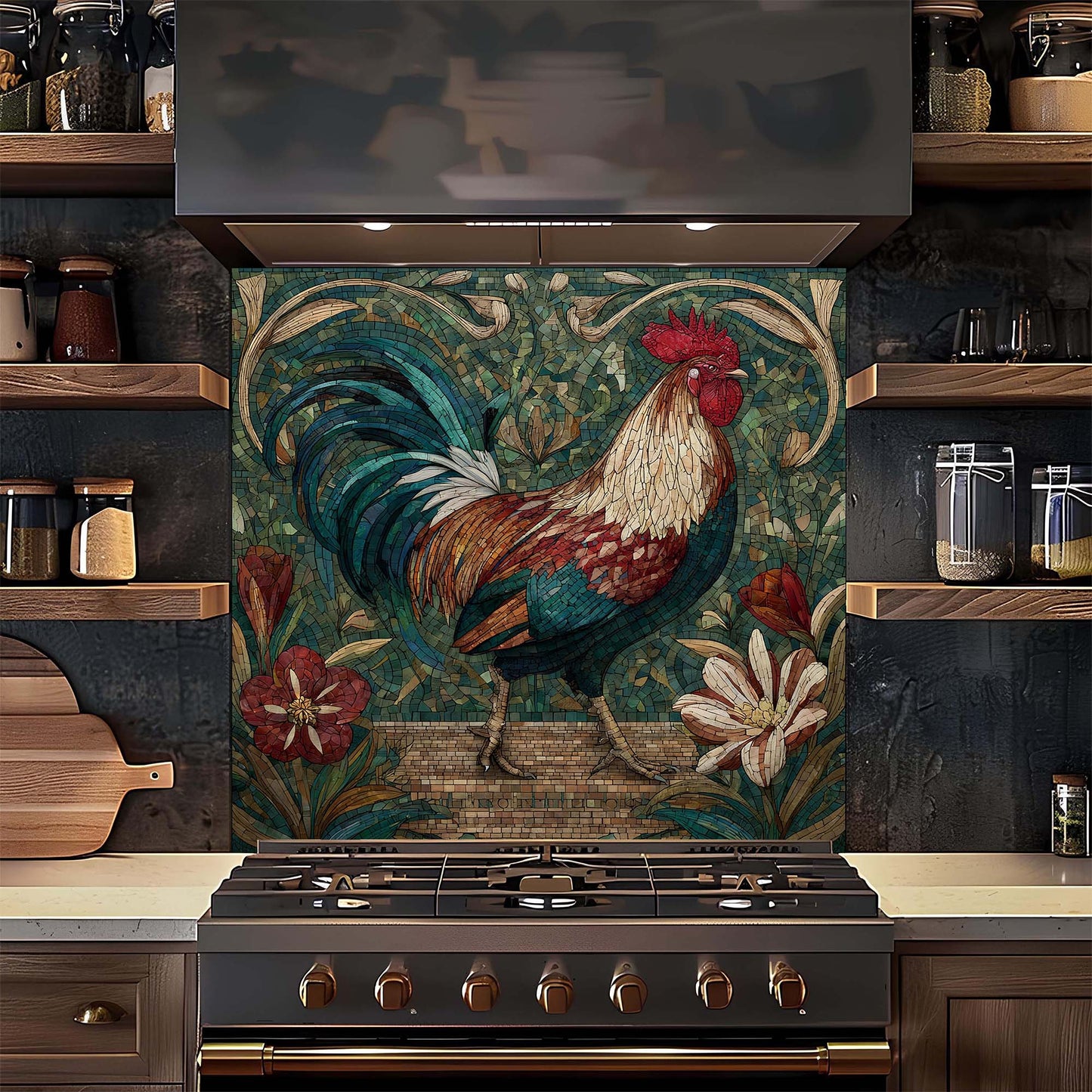 Kitchen with a decorative rooster glass backsplash above a stove.