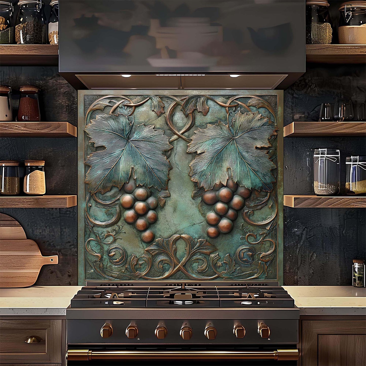 Decorative backsplash with grape design above a stove in a kitchen setting.