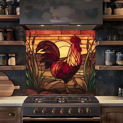 Stained glass rooster design on a kitchen backsplash with stove in foreground
