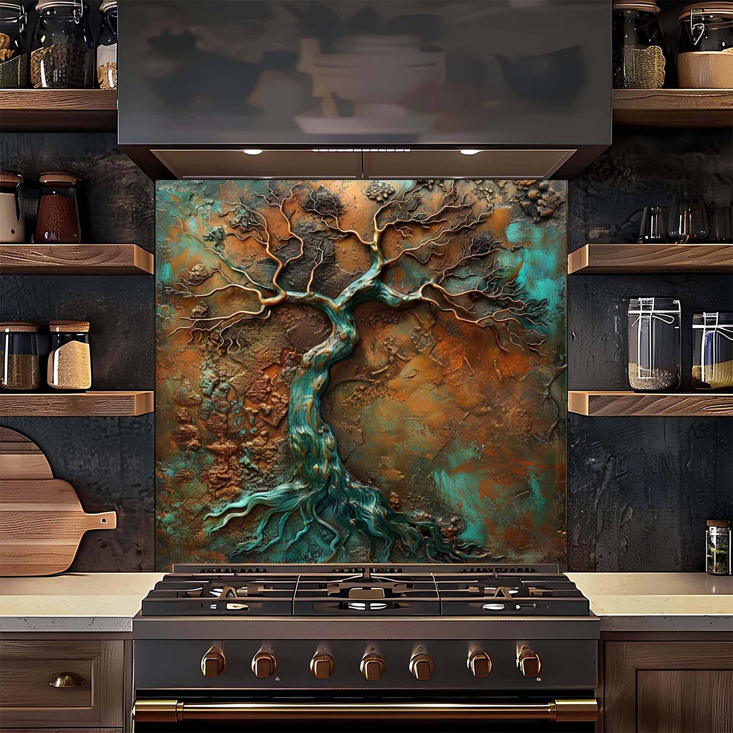 Decorative glass backsplash with tree design above a stove in a kitchen.