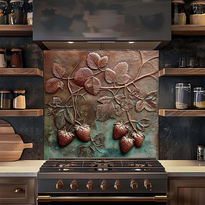 Decorative backsplash with strawberry design above a stove in a kitchen.